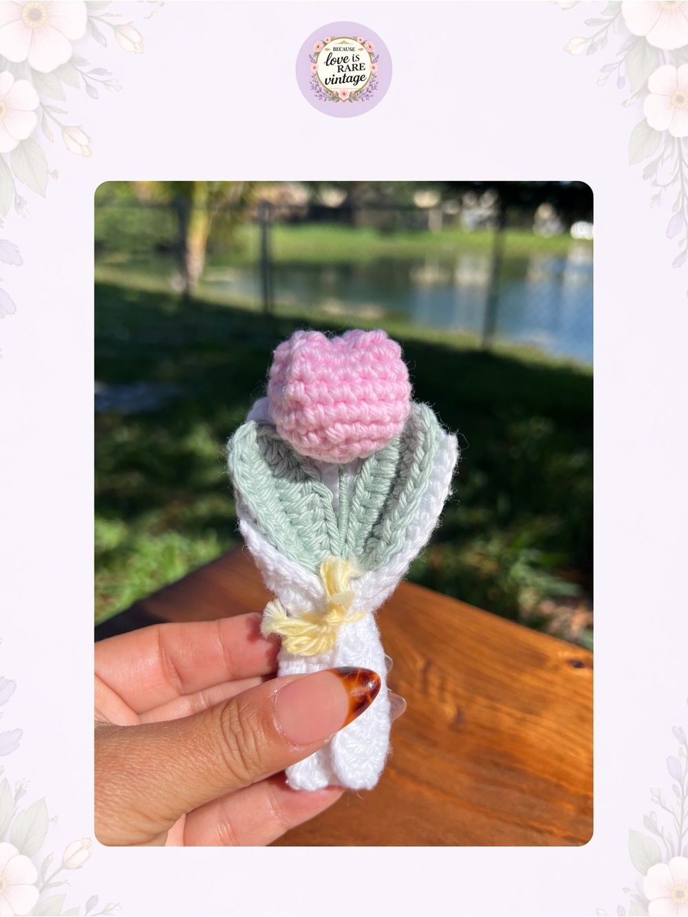 Crochet Tulip Flower • Pink, Green & White Mini Bouquet